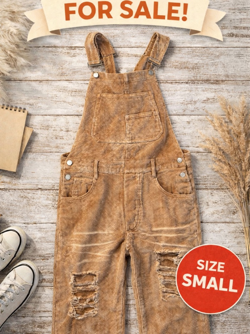 BiBi Corduroy Distressed Tan Overalls Jumpsuit